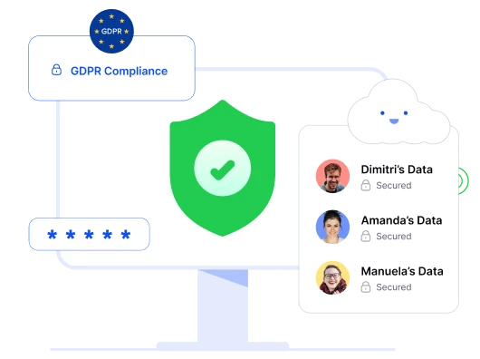 منصة ريموت باس مؤمَّنة: شارة الامتثال للائحة GDPR، وحقل كلمة مرور مشفّر، وبطاقات بيانات مؤمَّنة لكل مستخدم